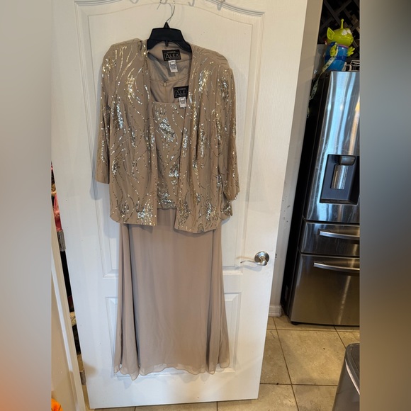 Alex Evenings 2 piece tea length formal dress Taupe w sequins plus size 16W - Picture 1 of 7